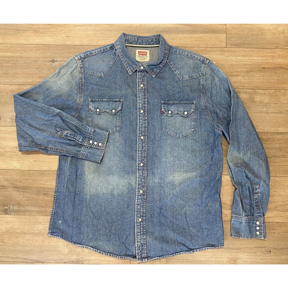 Levis Denim Western Shirt Mens XL Blue Pearl Snap Sawtooth Pockets Cotton Y2K